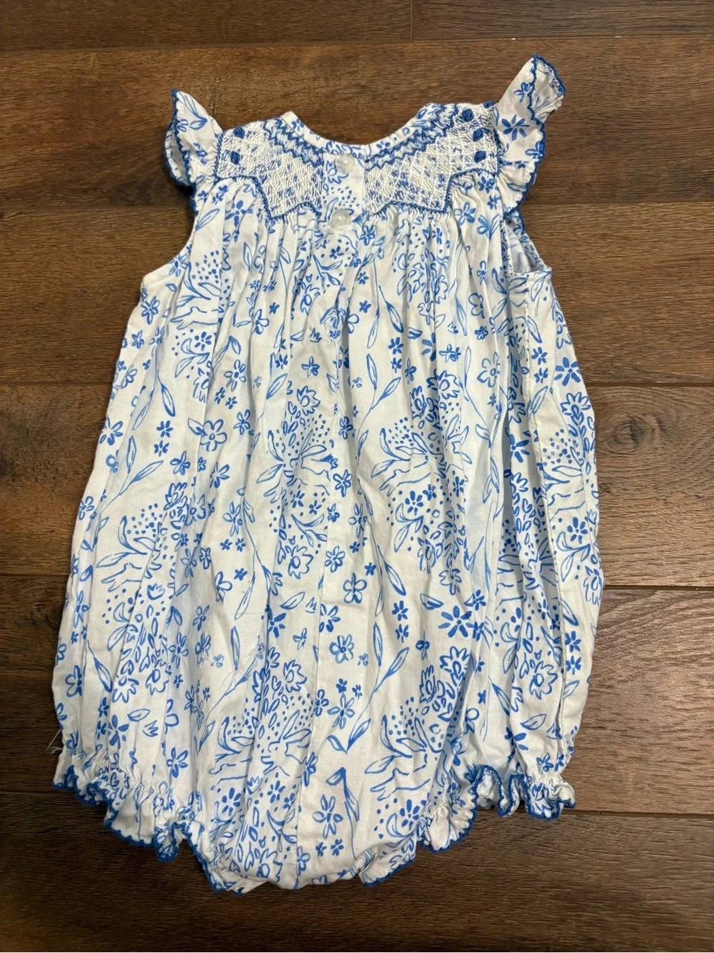Le’ Za Me Blue & White Floral Smocked Bubble One-Piece 9M